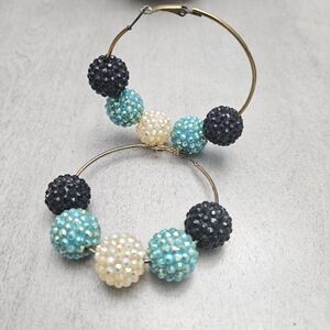 Vintage Acrylic Disco Glitter Ball Beads Hoop Earrings in Turquoise Black White